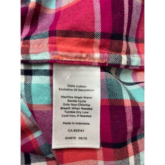 TALBOTS Button Down Pink Aqua Plaid Long Sleeve Cotton Top Large - Picture 9 of 9